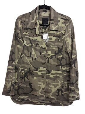 FOREVER 21 Camo Jacket Studded Button Up Green Brown Print Large NWT